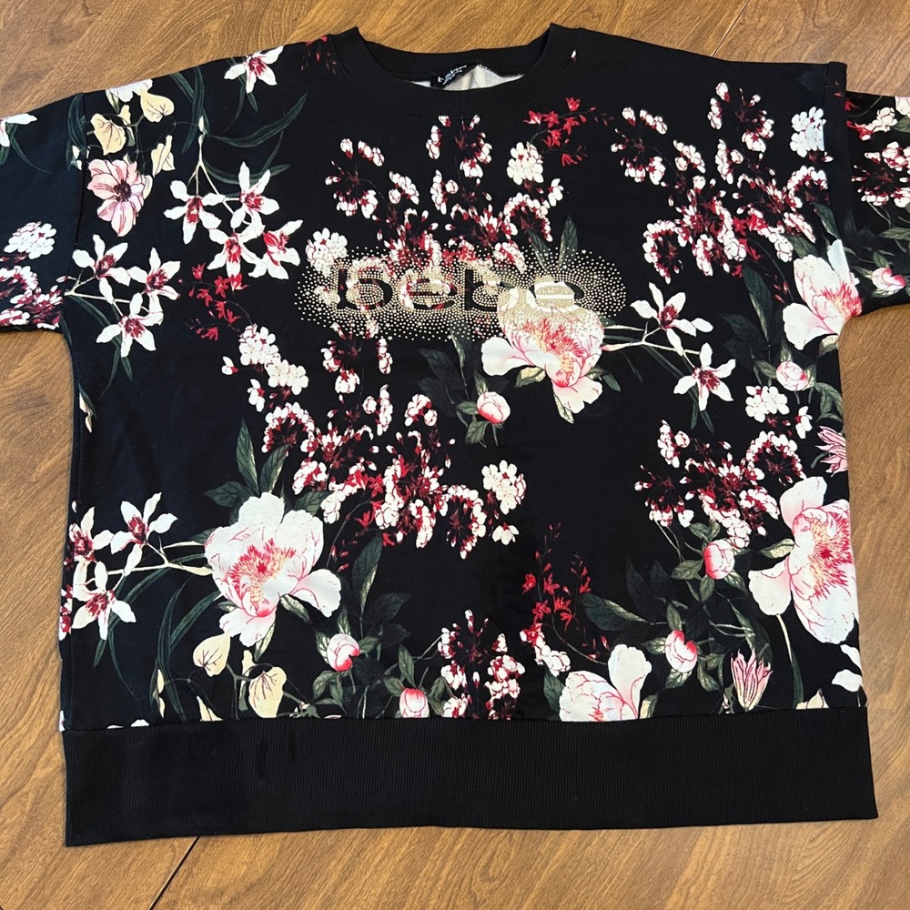 Bebe Womens Floral Rhinestone Logo Sweatshirt Black XL Long Sleeve Crew Neck